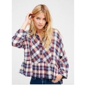 Free People Promise Everything Henley peplum Plaid Shirt Top Size Small